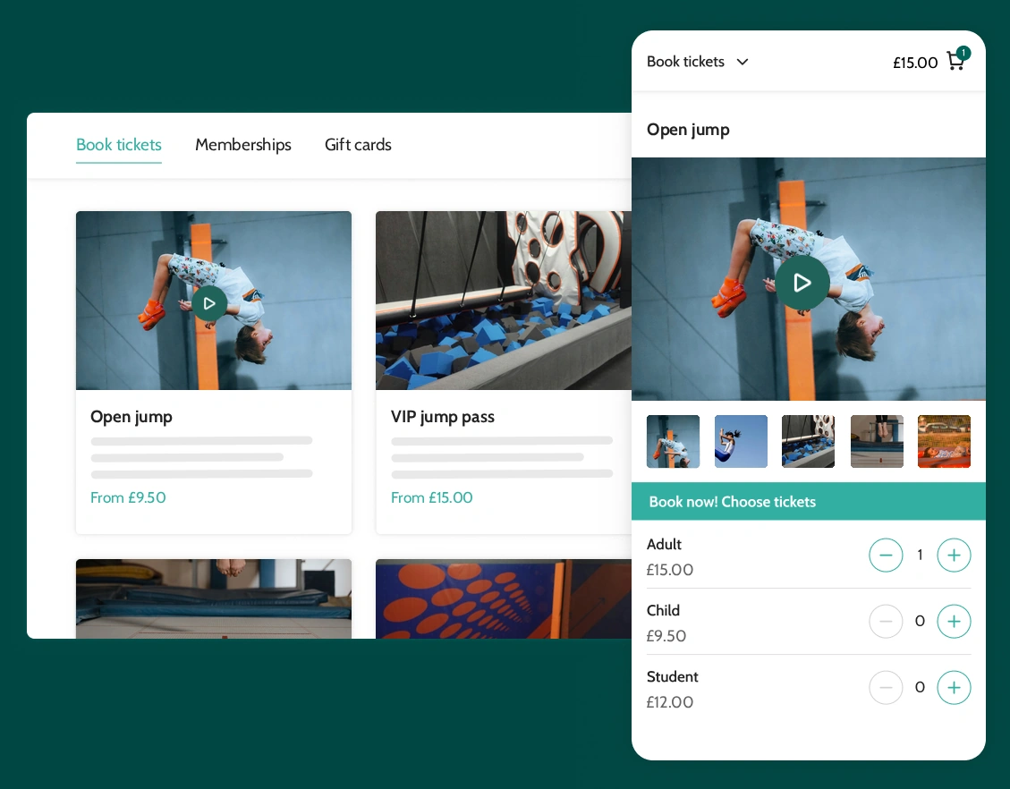 Trampoline park booking system showing jump session tickets ready to book